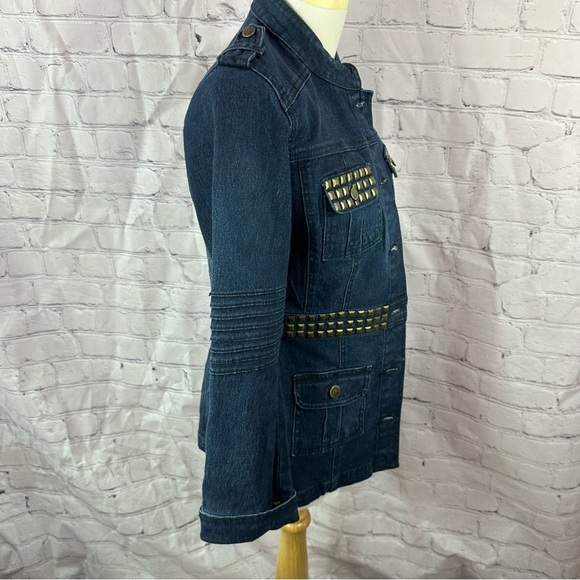 vintage DG2 Diane Gilman studded denim Jean Jacket boho utility Military sz XS - Picture 2 of 11